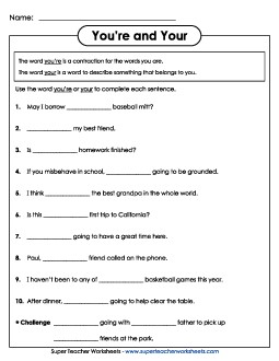 Your and You\'re (Homophones) 3rd Grade 3rd Grade ELA Worksheet