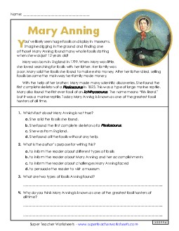 Mary Anning (Short Biography) 4th Grade Reading Comprehension Reading Comp Short Worksheet