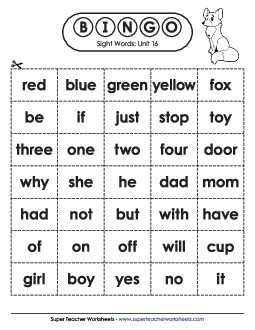 Sight Word Bingo (Unit 16) Sight Words Worksheet