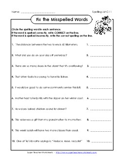 Correct or Incorrect (C-11) Spelling C Worksheet