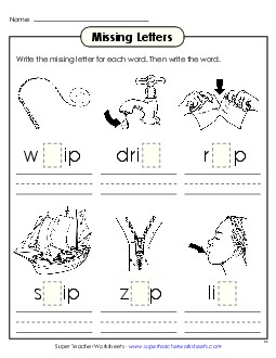 Missing Letters (-ip) Word Families Worksheet