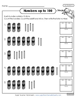 Counting Sticks by 10s and 1s Worksheet