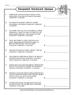 Transparent, Translucent, and Opaque Light Worksheet