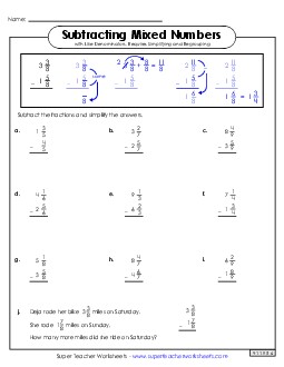 Mixed Number Subtraction Worksheet 1 (with Simplifying and Regrouping) Fractions Worksheet