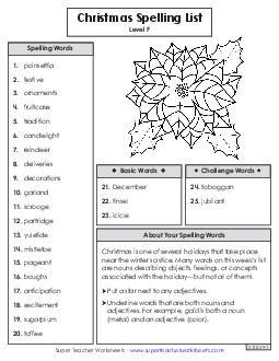 Spelling Word List (Christmas) Spelling F Worksheet