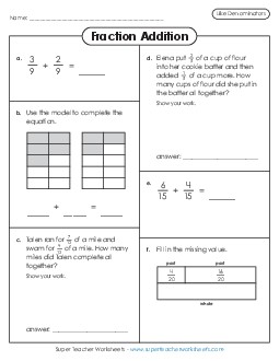 Variety Worksheet: Fraction Addition (Like Denominators) Fractions Worksheet