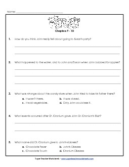 Questions for Chapters 9 & 10 Book Chocolate Touch Worksheet