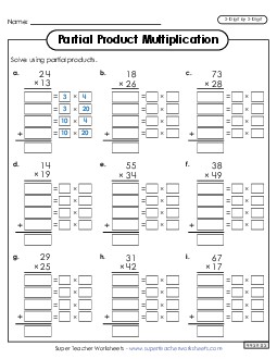 Write Out the Factors (Partial Products: 2-Digit by 2-Digit) Multiplication Worksheet