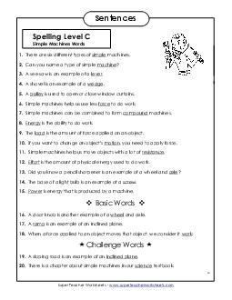 Spelling Test Sentences (C-Simple Machines Words) Spelling C Worksheet