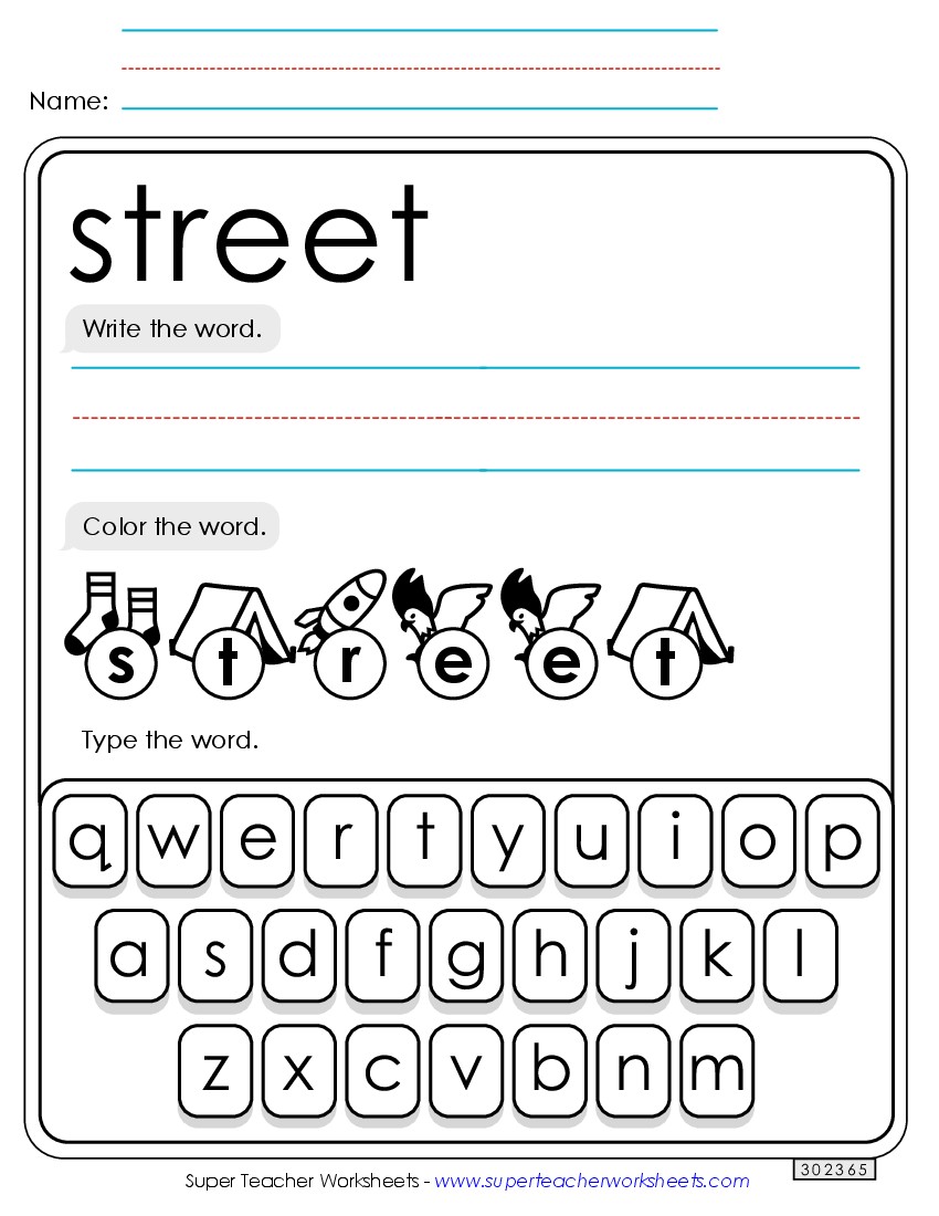 Write, Color, Type: Street Sight Words Individual Worksheet