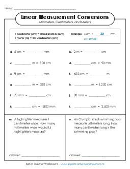 Basic Conversions (mm, cm, m) Measurement Worksheet