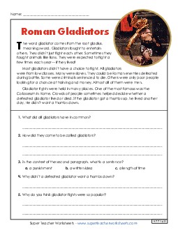 Roman Gladiators (Short Reading Comp) 3rd Grade Reading Comprehension Reading Comp Short Worksheet