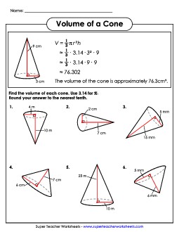 Volume of a Cone (Basic) Free Worksheet