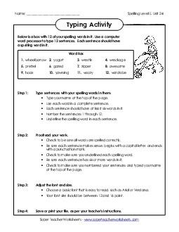 Typing Sentences (E-24) Spelling E Worksheet