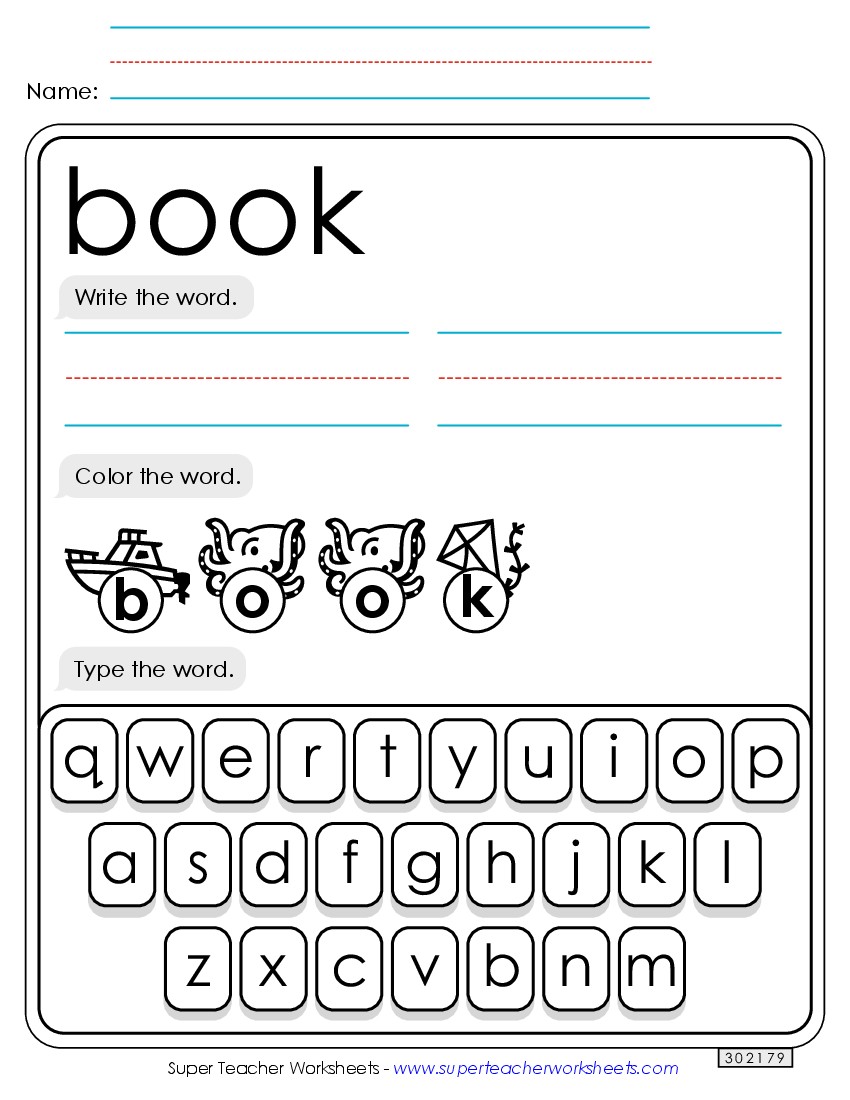 Write, Color, Type: Book Sight Words Individual Worksheet