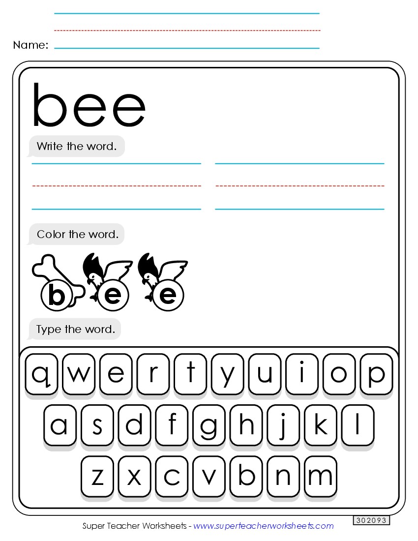 Write, Color, Type: Bee Sight Words Individual Worksheet