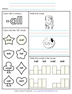 Worksheet 1 (-all Words) Word Families Worksheet