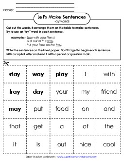 Make Sentences: Word Cards (-ay) Word Families Worksheet