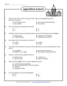 Legislative Branch Questions Branches Of Government Worksheet