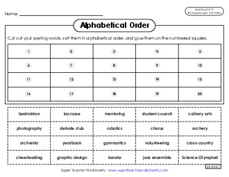 Alphabetical Order: Cut-Glue (Extracurriculars) Spelling F Worksheet