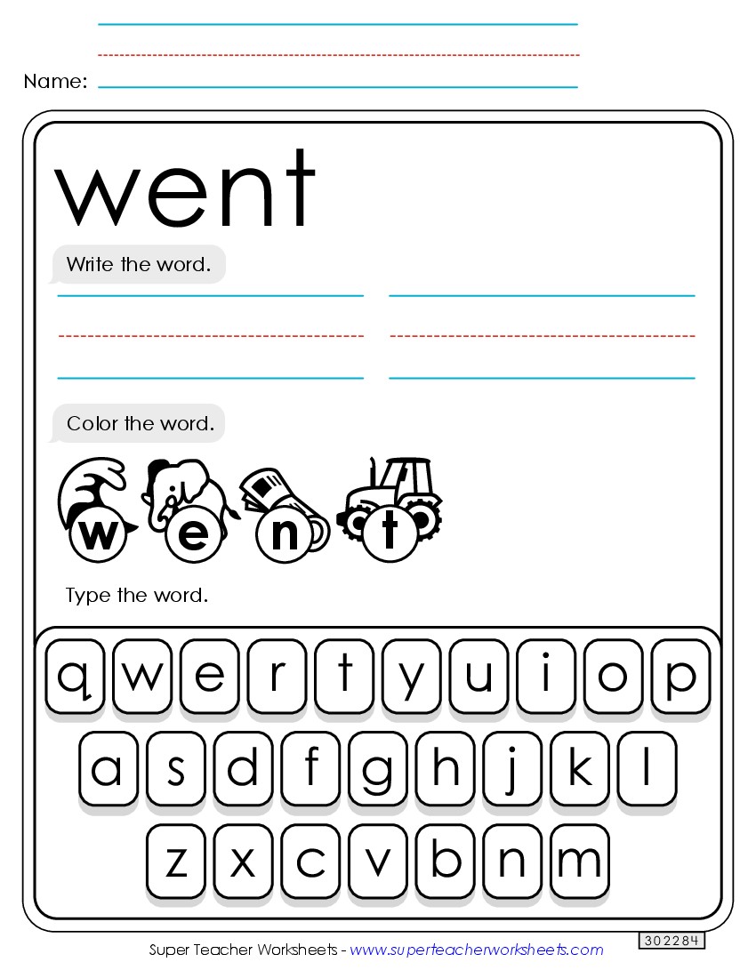 Write, Color, Type: Went Sight Words Individual Worksheet