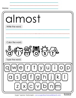 Write, Color, Type: Almost Sight Words Individual Worksheet