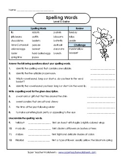 Easter Spelling Questions Spelling E Worksheet