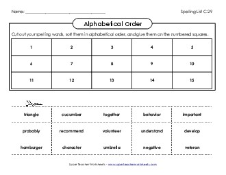 ABC Order: Cut and Glue (C-29) Free Spelling C Worksheet