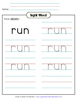 Trace the Word: Run Sight Words Individual Worksheet