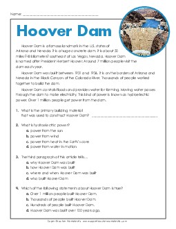 Hoover Dam 3rd Grade Reading Comprehension Reading Comp Short Worksheet