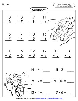 Basic Subtraction Facts: Winter Fun Worksheet