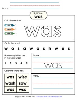 Worksheet 4: Was Free Sight Words Individual Worksheet