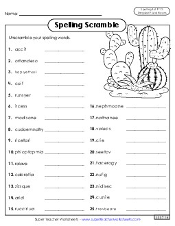 Word Scramble (F-12) Spelling F Worksheet