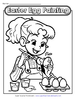 Coloring Page: Girl Painting Easter Eggs Worksheet