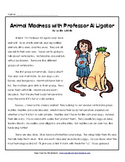 Animal Madness with Professor Al Ligator (Article & Questions)  3rd Grade Reading Comprehension Worksheet