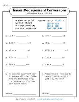 Converting Inches, Feet, Yards, and Miles (Advanced) Measurement Worksheet