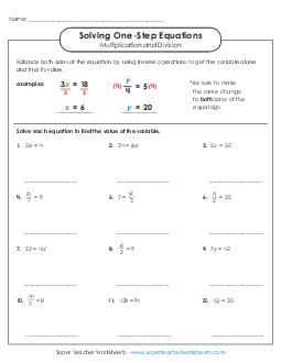 Equations with Multiplication & Division (Basic) Worksheet