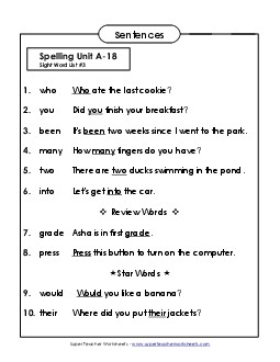 Spelling Test Sentences (A-18) Spelling A Worksheet