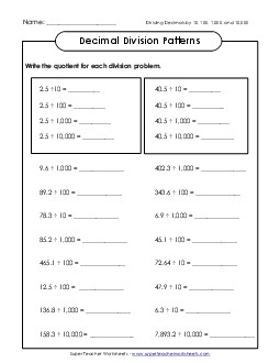 Decimal Division Patterns Free Worksheet