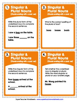 Task Cards: Singular and Plural Nouns (Nouns ending in -s and -es) Worksheet