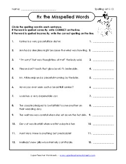 Fix the Mistakes (E-13) Spelling E Worksheet