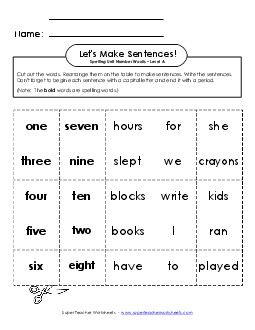 Let\'s Build Sentences (A-Number Words) Spelling A Worksheet