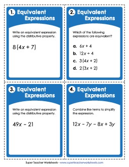 Task Cards - Equivalent Expressions Expressions Equivalent Worksheet