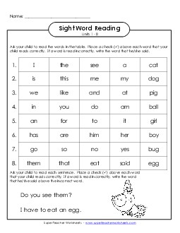 Cumulative Practice (Units 1 - 8) Sight Words Worksheet