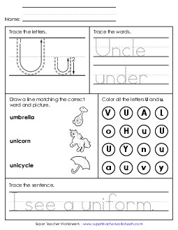 Letter U - Mixed Skills (Intermediate) Alphabet Worksheet