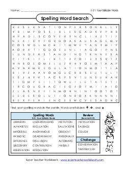 Word Search (E-21) Spelling E Worksheet