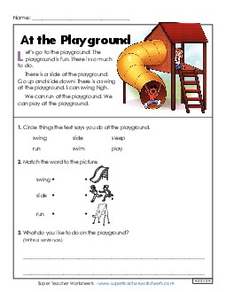 At the Playground (Short Article) 1st Grade Reading Comprehension Reading Comp Short Worksheet