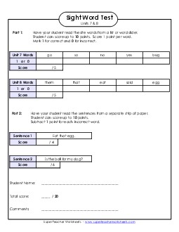 Biweekly Reading Test (Units 7 & 8)  Sight Words Worksheet