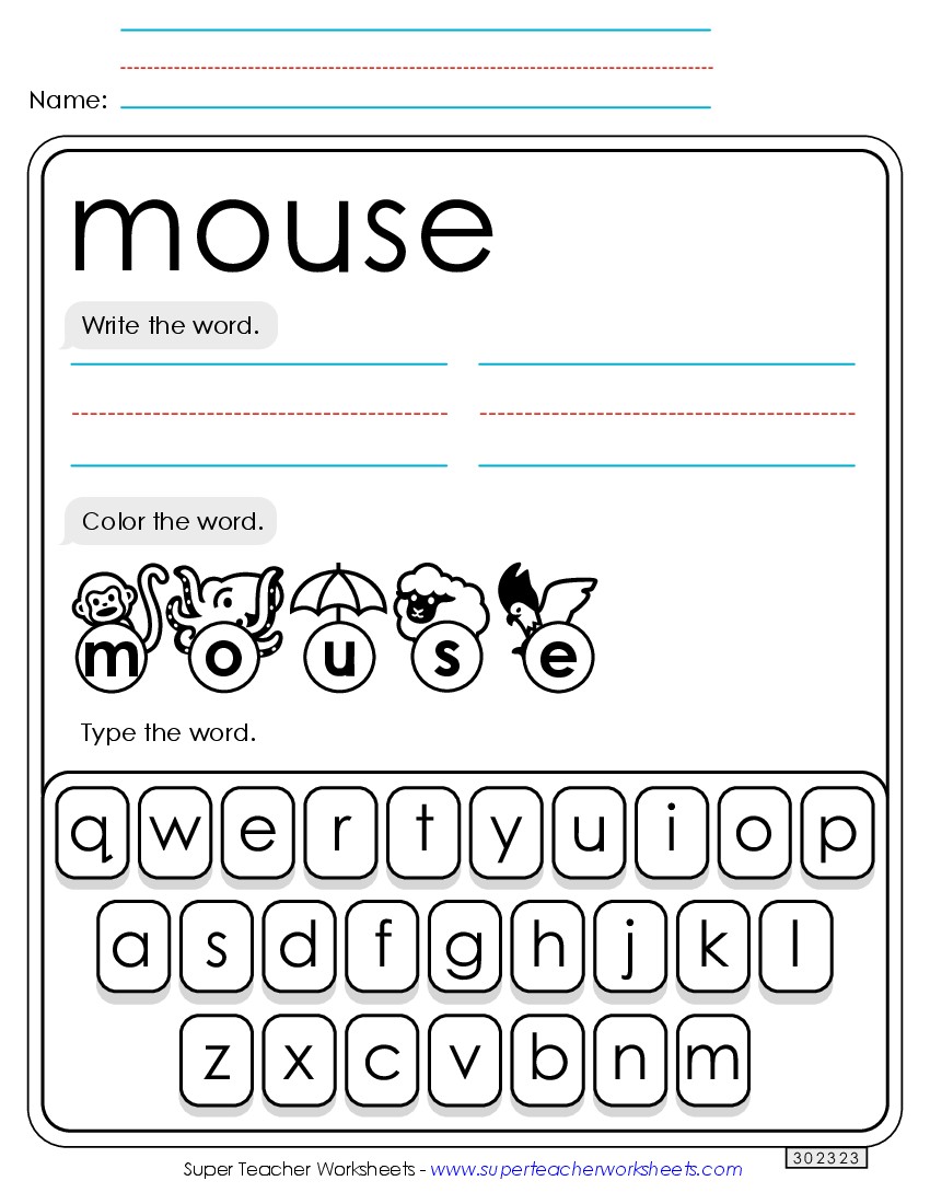 Write, Color, Type: Mouse Sight Words Individual Worksheet