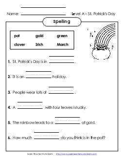 Complete the Sentences (A-St. Patrick\'s Day)  Spelling A Worksheet